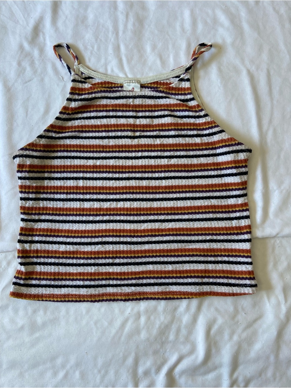 J.O.A. Striped Ribbed Cropped Cami in White, Brown & Black